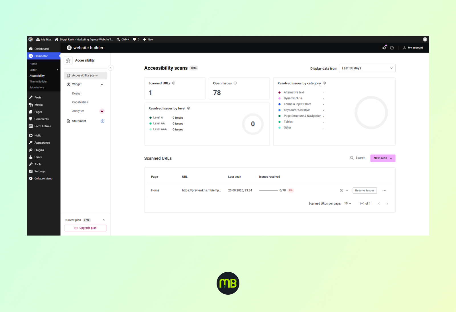 Elementor accessibility checker highlighting color contrast issues on a webpage layout