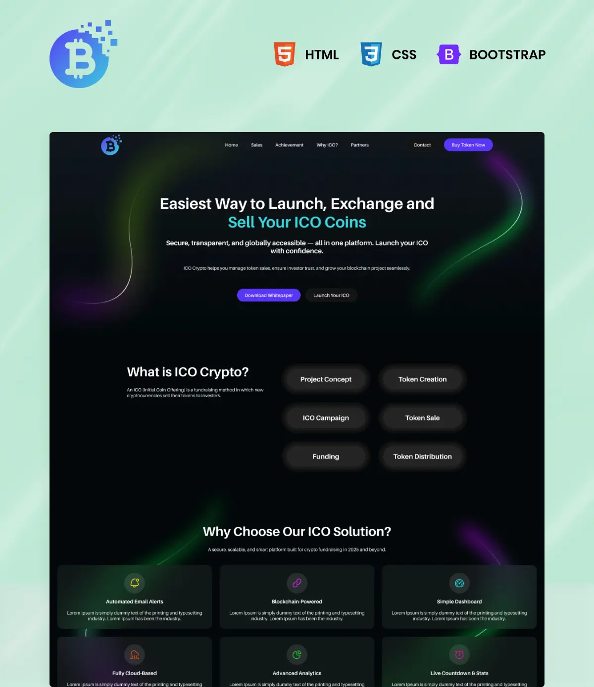 Bootstrap 5 ICO web design for cryptocurrency token sale websites