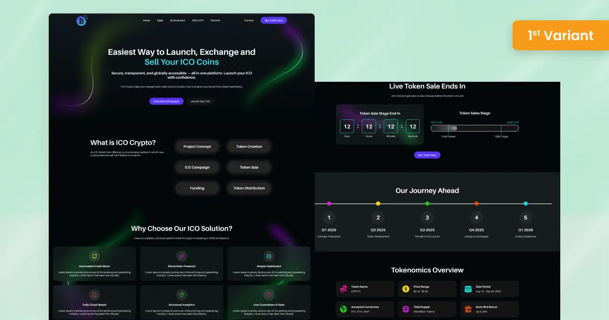Crypto landing page with a Bootstrap 5 layout for token sale launches