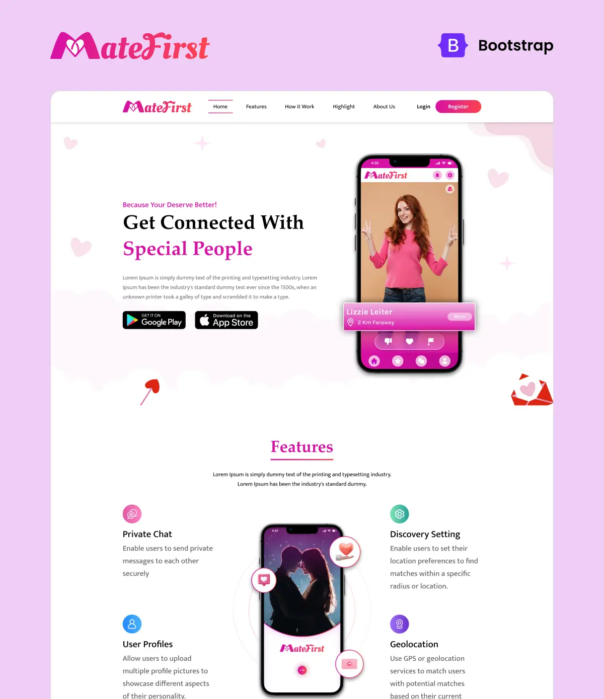 Dating profile template for dating websites, SEO friendly Bootstrap 5 build