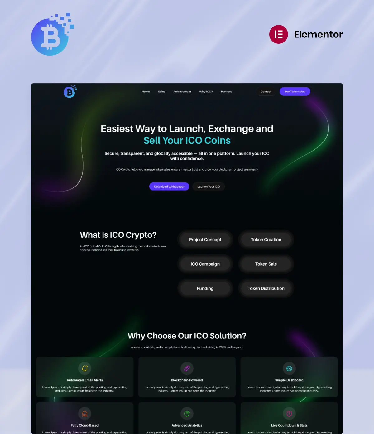 Website landing page design for ICO token launches