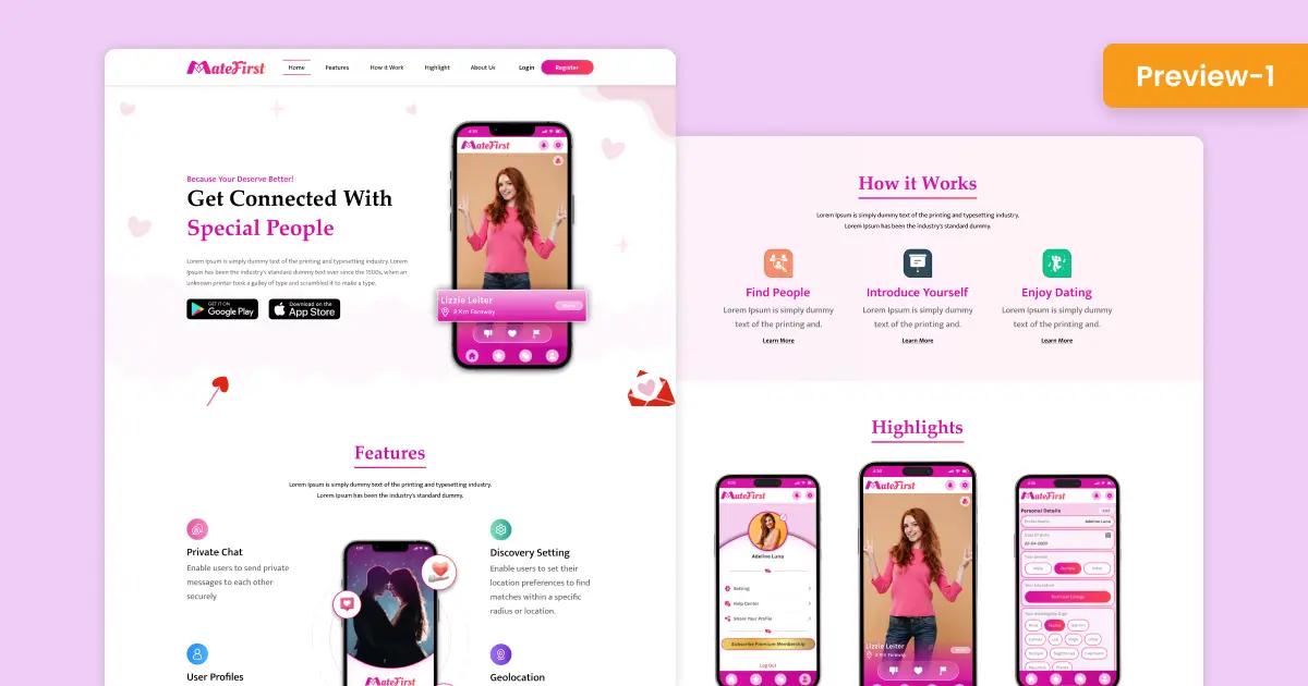 Landing page HTML template for dating websites, responsive Bootstrap 5 design